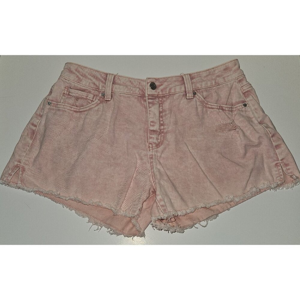 Time & Tru Pink Denim Short Shorts Booty Jean Cutoff Raw Hem Size 10 High Rise